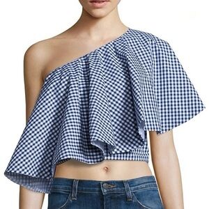 Viva Aviva Blue White Gingham One Shoulder Flounce Top NWT Silk Lined Size Large